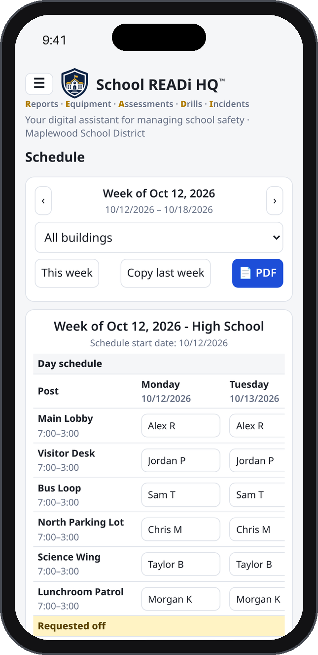 Weekly post schedule on an iPhone showing which guard is assigned to each post